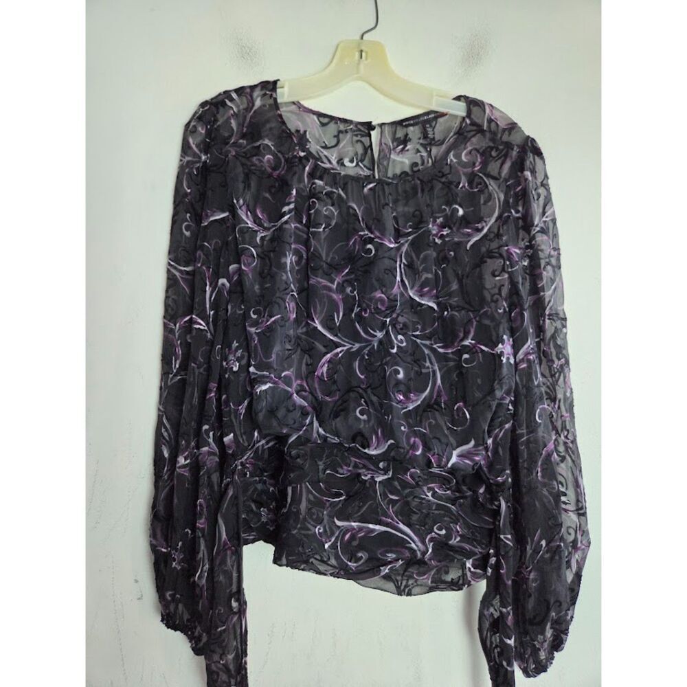 WHBM Black & Purple Floral Silk & Burnout Velvet Smocked Blouse size 12